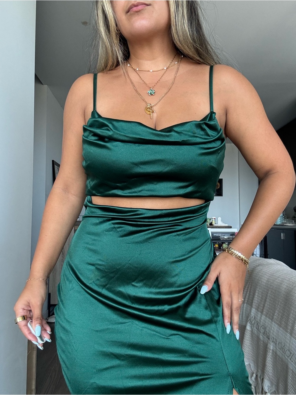 Windsor Emerald Satin Two-Piece Midi Skirt Set